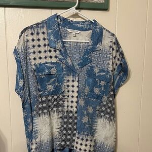 Liverpool Blue and White Patchwork Print Short Sleeve Blouse